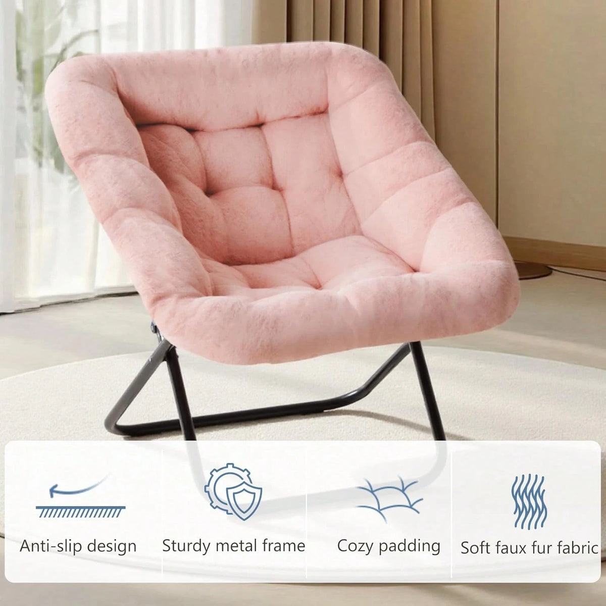 Sweetcrispy Comfy Chair For Adults, Soft Faux Fur Folding Lounge For Bedroom Living Room Dorm Rooms Flexible Reading Chair For Teens, Large Size Foldable,Square-Pink