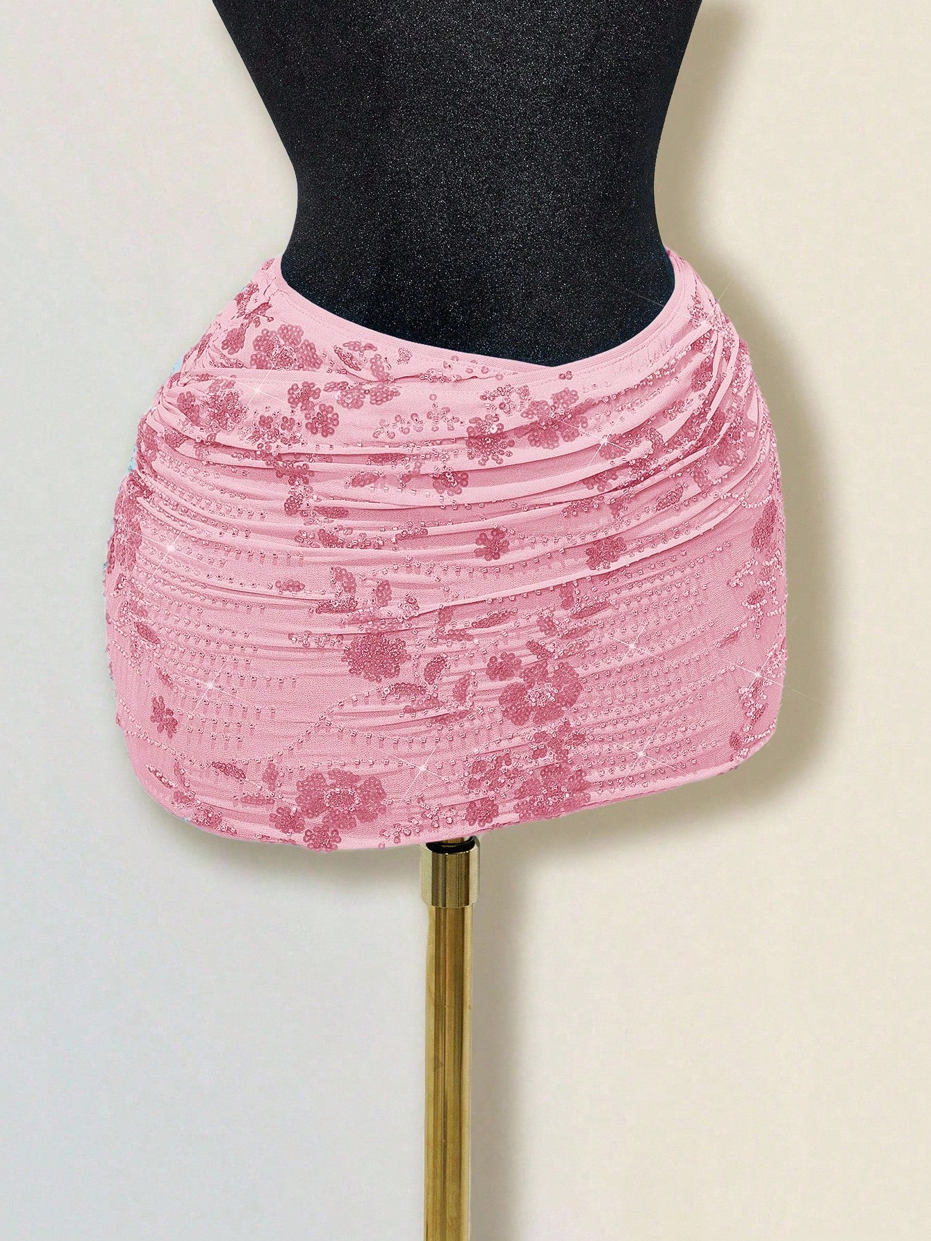 Sweetina Women's Sequin Embroidery Overlap Ruched Bodycon Skirt Pink Skirt