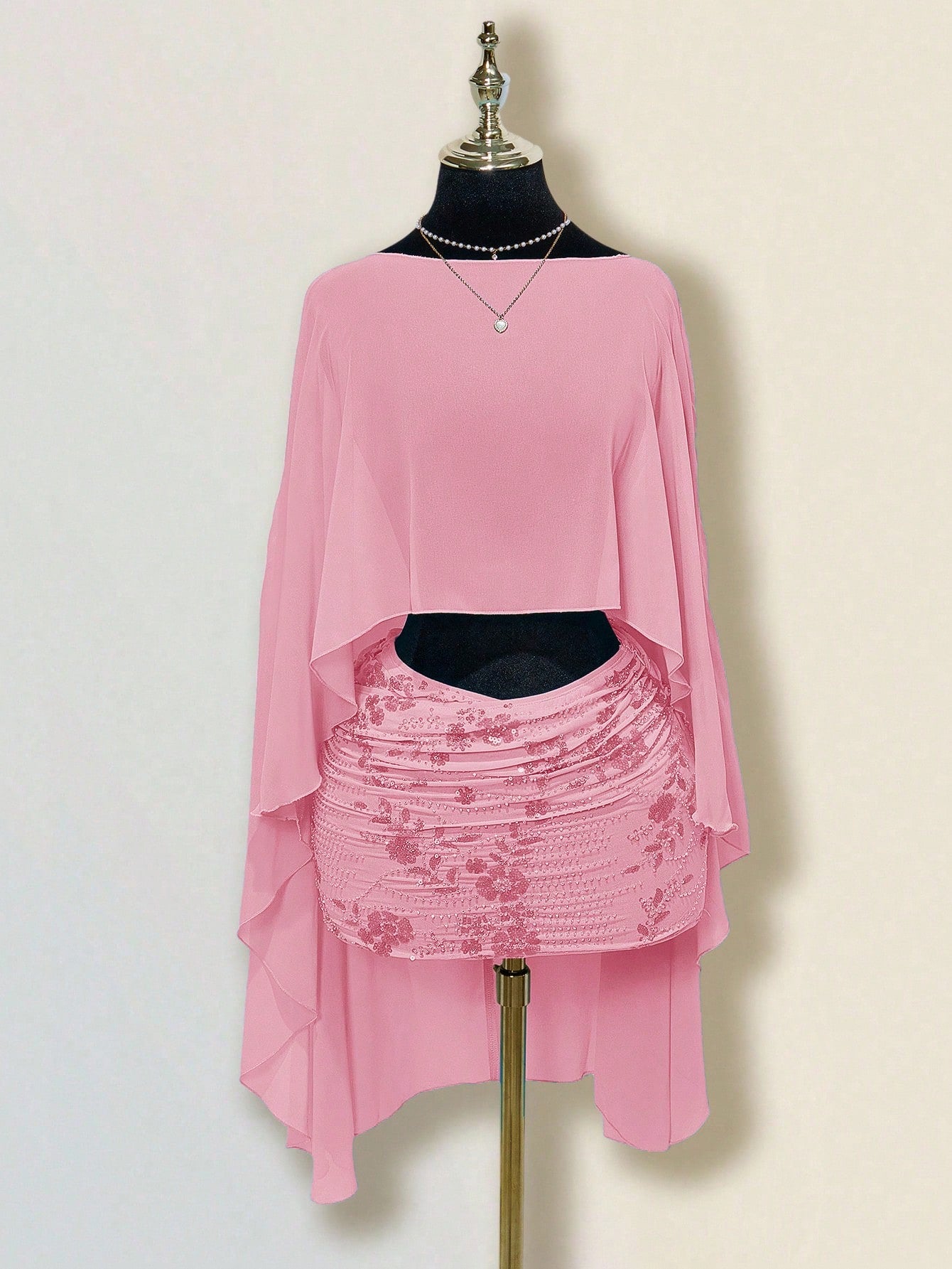 Sweetina Women's Sequin Embroidery Overlap Ruched Bodycon Skirt Pink Skirt