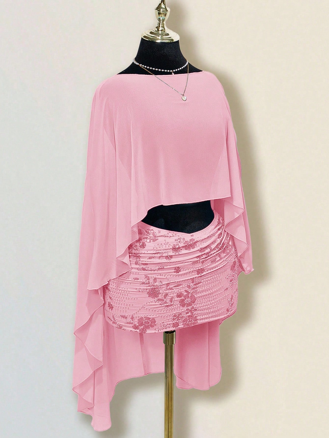 Sweetina Women's Sequin Embroidery Overlap Ruched Bodycon Skirt Pink Skirt