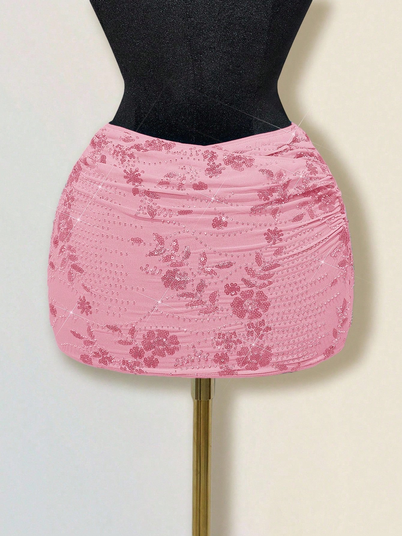 Sweetina Women's Sequin Embroidery Overlap Ruched Bodycon Skirt Pink Skirt