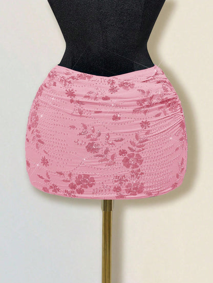 Sweetina Women's Sequin Embroidery Overlap Ruched Bodycon Skirt Pink Skirt
