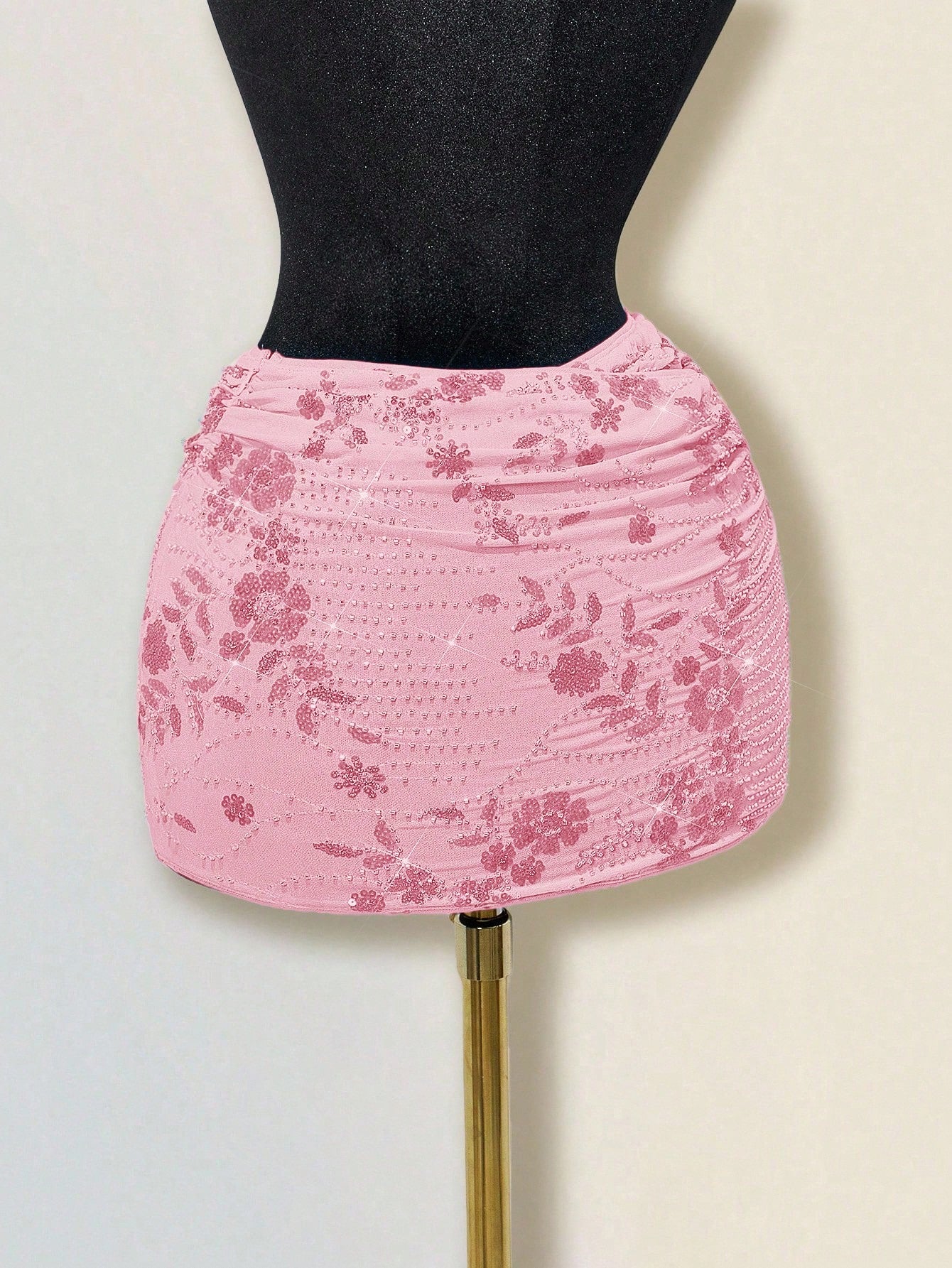 Sweetina Women's Sequin Embroidery Overlap Ruched Bodycon Skirt Pink Skirt