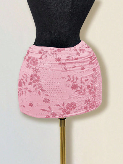 Sweetina Women's Sequin Embroidery Overlap Ruched Bodycon Skirt Pink Skirt