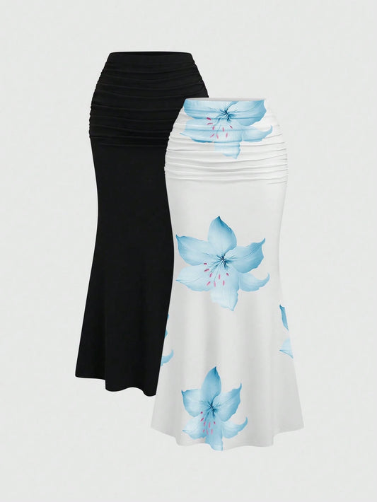 Sweetra 2pcs Women's Elegant Party Solid Color Mermaid Skirt And Floral Print Skirt Set