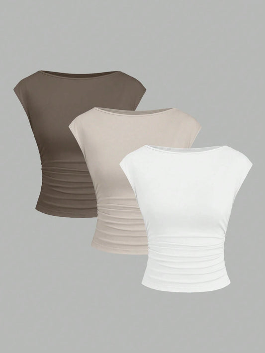 Sweetra 3pcs/Set Sexy Backless Breathable Moisture-Wicking Fitted Short Sleeve Top T-Shirt For Women