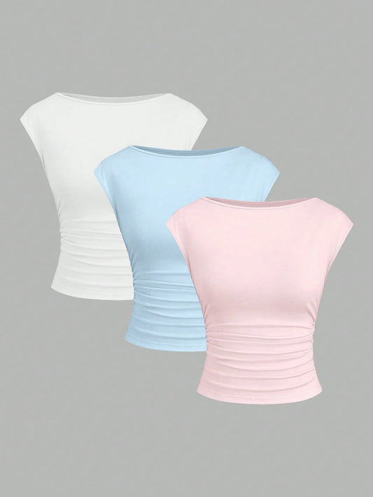 Sweetra 3pcs/Set Sexy Backless Breathable Moisture-Wicking Fitted Short Sleeve Top/T-Shirt For Women