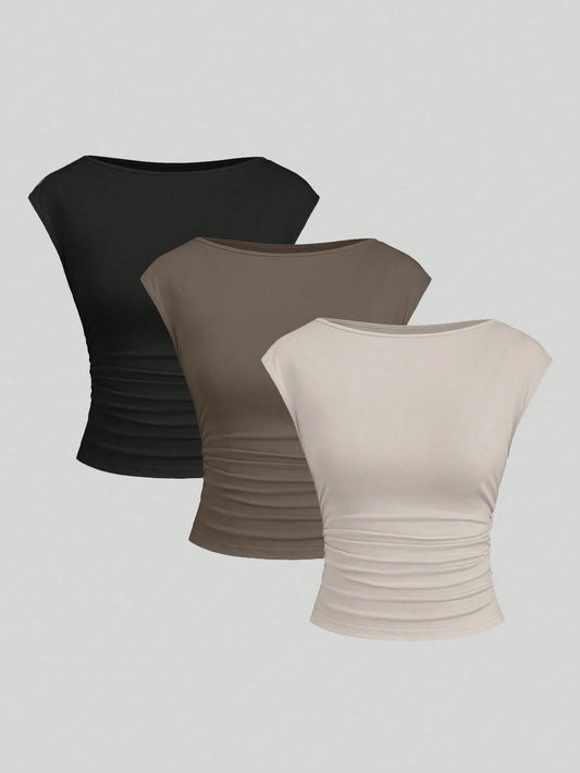Sweetra 3pcs/Set Sexy Cut-Out Back Breathable Moisture Wicking Fitted Short Sleeve Women Top/Tee Set
