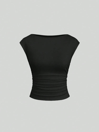 Sweetra 3pcs/Set Sexy Cut-Out Back Breathable Moisture Wicking Fitted Short Sleeve Women Top/Tee Set