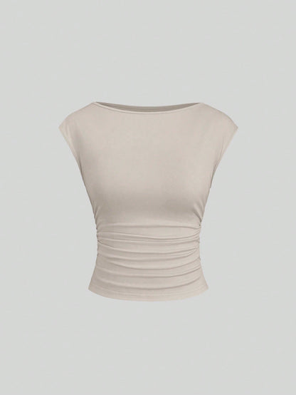 Sweetra 3pcs/Set Sexy Cut-Out Back Breathable Moisture Wicking Fitted Short Sleeve Women Top/Tee Set