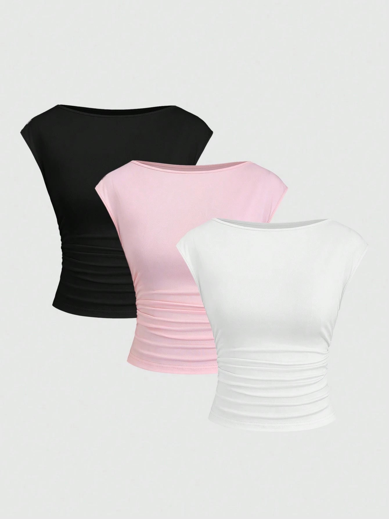 Sweetra 3pcs/Set Sexy Cut-Out Back Breathable Moisture Wicking Fitted Short Sleeve Women Top/Tee Set