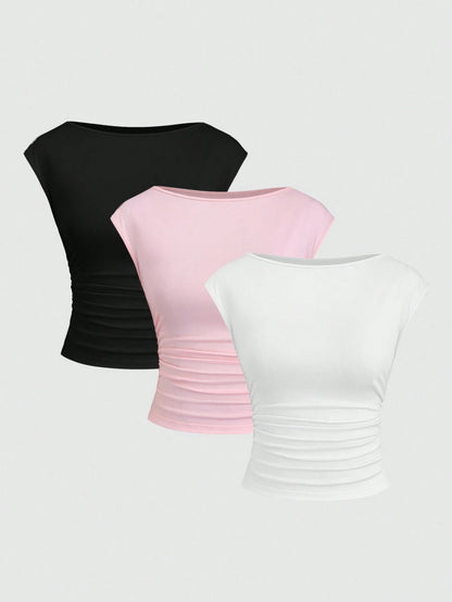 Sweetra 3pcs/Set Sexy Cut-Out Back Breathable Moisture Wicking Fitted Short Sleeve Women Top/Tee Set