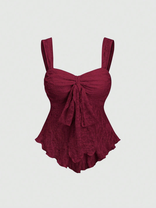 Sweetra Cropped Tube Top With Bowknot And Textured Print