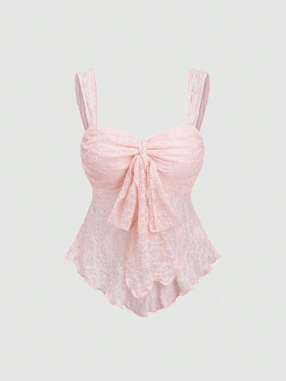 Sweetra Cropped Tube Top With Bowknot And Textured Print