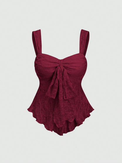 Sweetra Cropped Tube Top With Bowknot And Textured Print