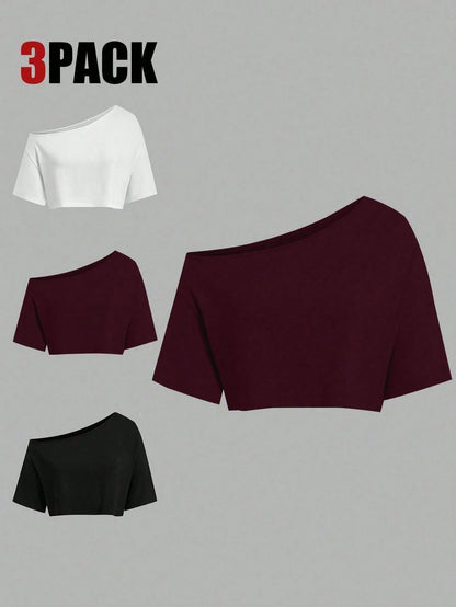Sweetra CURVE Plus Size Summer Asymmetric Neck Black White Grey 3 PiecesShort T-Shirt Set