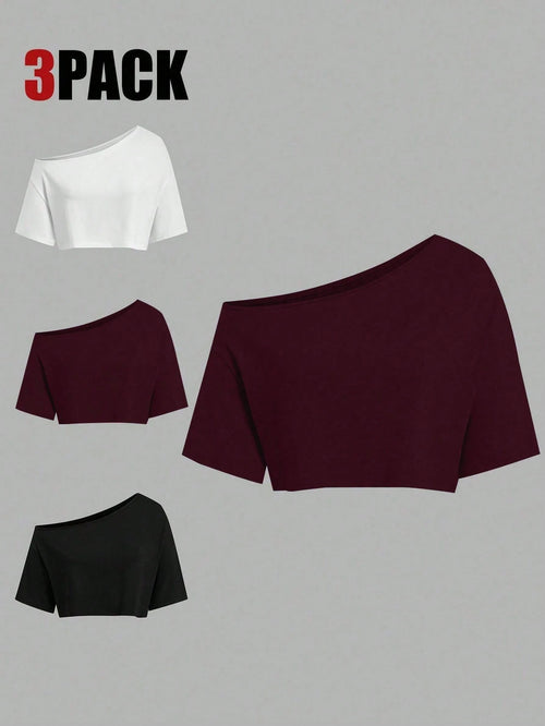 Sweetra CURVE Plus Size Summer Asymmetric Neck Black White Grey 3 PiecesShort T-Shirt Set
