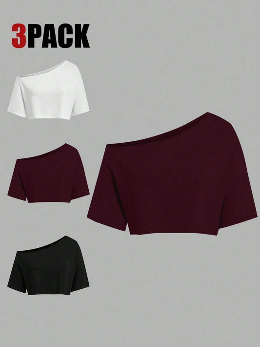 Sweetra CURVE Plus Size Summer Asymmetric Neck Black White Grey 3 PiecesShort T-Shirt Set