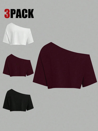 Sweetra CURVE Plus Size Summer Asymmetric Neck Black White Grey 3 PiecesShort T-Shirt Set