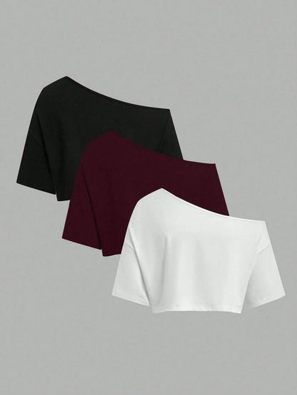 Sweetra CURVE Plus Size Summer Asymmetric Neck Black White Grey 3 PiecesShort T-Shirt Set