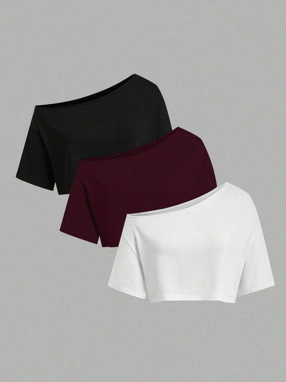 Sweetra CURVE Plus Size Summer Asymmetric Neck Black White Grey 3 PiecesShort T-Shirt Set
