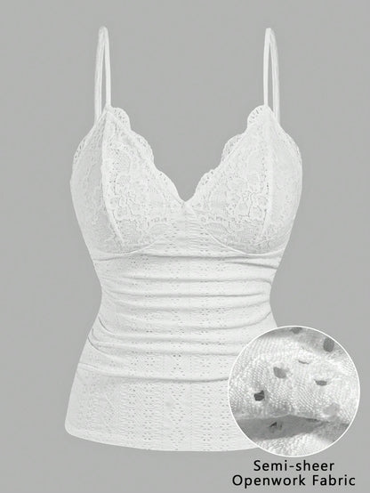 Sweetra CURVE Plus Size Summer Casual Solid Color Lace Patchwork White Camisole Top