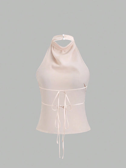 Sweetra Elegant Tied Bandage Halter Backless Crop Top