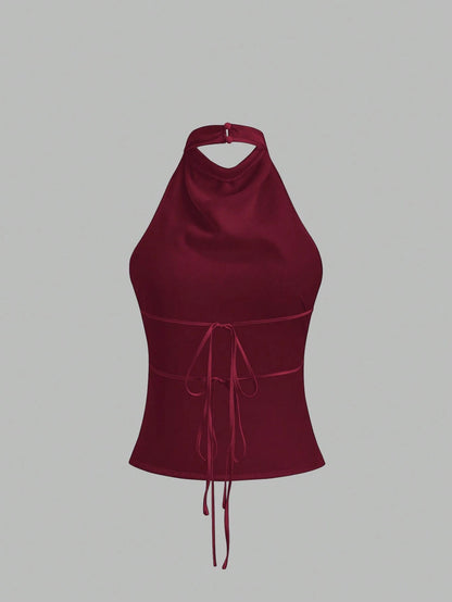 Sweetra Elegant Tied Bandage Halter Backless Crop Top
