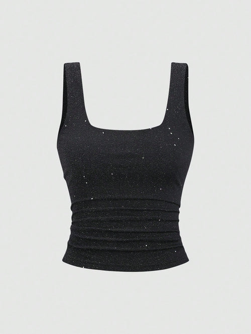 Sweetra New Shiny Fabric Elegant Commuter Everyday Wear Waist Cinched Slim Fit Women Tank Top, Autumn