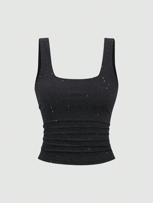 Sweetra New Shiny Fabric Elegant Commuter Everyday Wear Waist Cinched Slim Fit Women Tank Top, Autumn