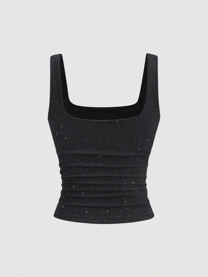 Sweetra New Shiny Fabric Elegant Commuter Everyday Wear Waist Cinched Slim Fit Women Tank Top, Autumn