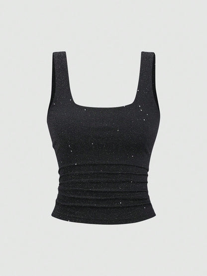 Sweetra New Shiny Fabric Elegant Commuter Everyday Wear Waist Cinched Slim Fit Women Tank Top, Autumn