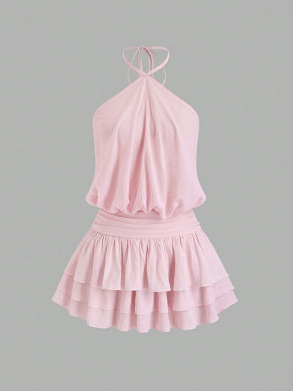 Sweetra Pink Sweet & Spicy Sexy Street Style Halter Neck Backless Mini Dress, Summer Women's Dress For Dating And Vacation