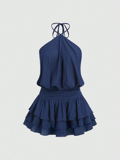 Sweetra Pink Sweet & Spicy Sexy Street Style Halter Neck Backless Mini Dress, Summer Women's Dress For Dating And Vacation