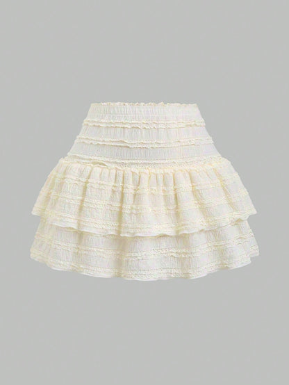 Sweetra Solid Color Ruffle Trim Number Print Double Layered Hem Skirt, Casual & Resort Y2K