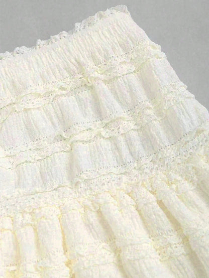 Sweetra Solid Color Ruffle Trim Number Print Double Layered Hem Skirt, Casual & Resort Y2K