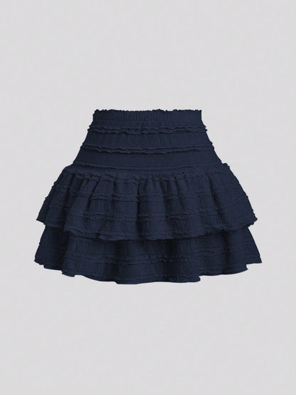 Sweetra Solid Color Ruffle Trim Number Print Double Layered Hem Skirt, Casual & Resort Y2K