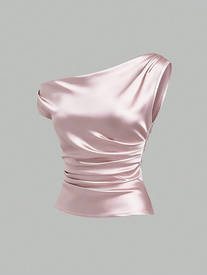 Sweetra Spring/Summer New French Asymmetrical Shoulder, Fitted Pleated Design Satin Women's Pink Shirt, Suitable For Casual Daily Wear, Parties, Banquets