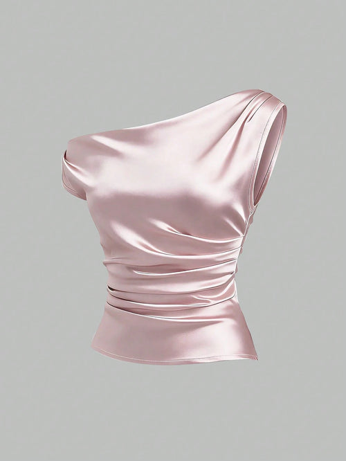 Sweetra Spring/Summer New French Asymmetrical Shoulder, Fitted Pleated Design Satin Women's Pink Shirt, Suitable For Casual Daily Wear, Parties, Banquets