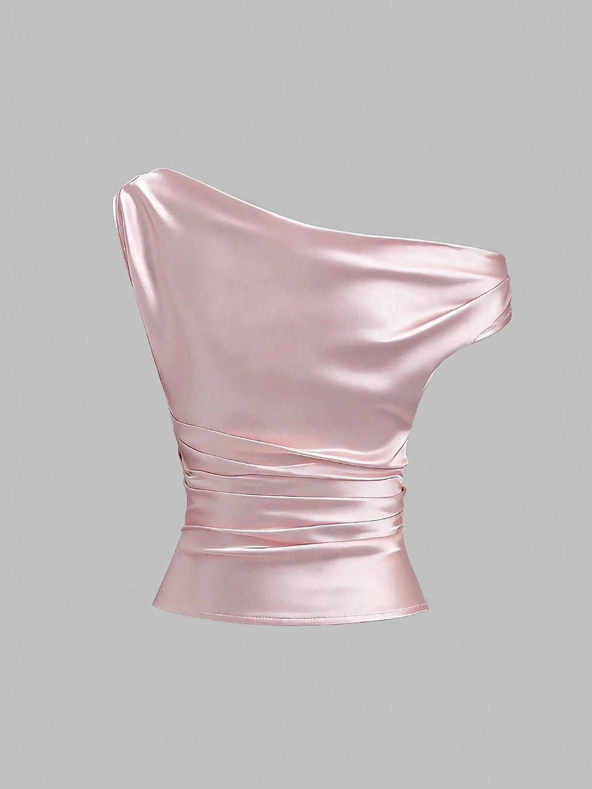 Sweetra Spring/Summer New French Asymmetrical Shoulder, Fitted Pleated Design Satin Women's Pink Shirt, Suitable For Casual Daily Wear, Parties, Banquets