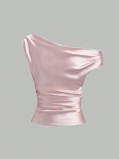 Sweetra Spring/Summer New French Asymmetrical Shoulder, Fitted Pleated Design Satin Women's Pink Shirt, Suitable For Casual Daily Wear, Parties, Banquets