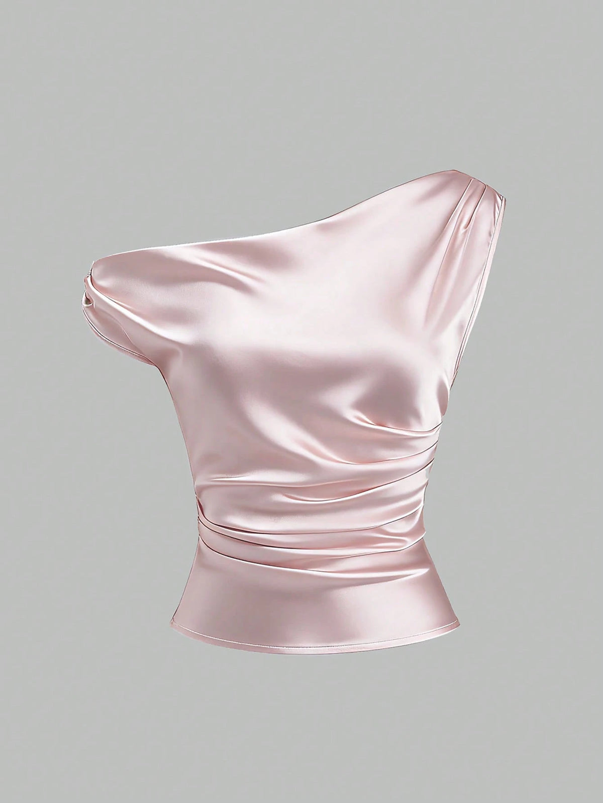 Sweetra Spring/Summer New French Asymmetrical Shoulder, Fitted Pleated Design Satin Women's Pink Shirt, Suitable For Casual Daily Wear, Parties, Banquets