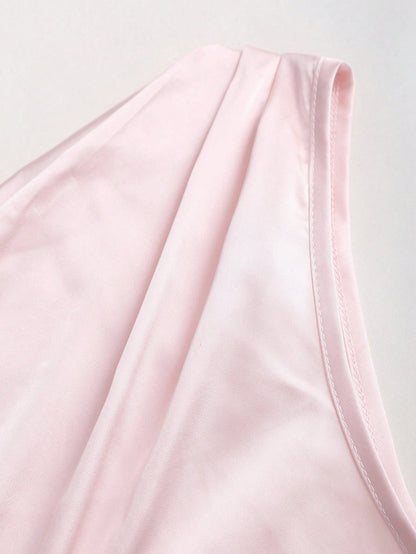 Sweetra Spring/Summer New French Asymmetrical Shoulder, Fitted Pleated Design Satin Women's Pink Shirt, Suitable For Casual Daily Wear, Parties, Banquets