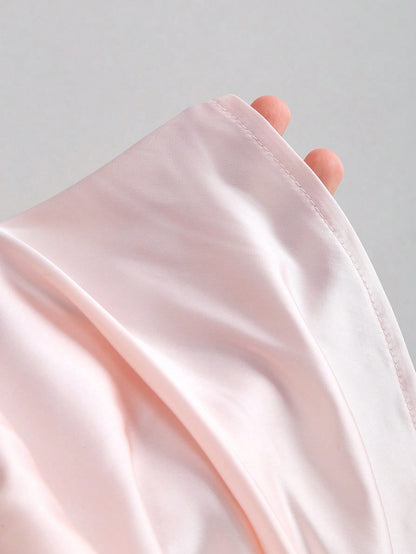 Sweetra Spring/Summer New French Asymmetrical Shoulder, Fitted Pleated Design Satin Women's Pink Shirt, Suitable For Casual Daily Wear, Parties, Banquets