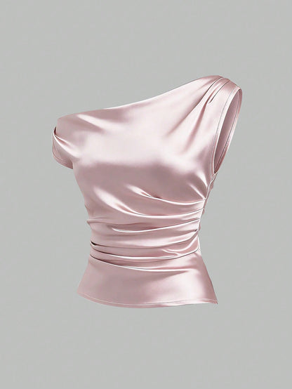 Sweetra Spring/Summer New French Asymmetrical Shoulder, Fitted Pleated Design Satin Women's Pink Shirt, Suitable For Casual Daily Wear, Parties, Banquets