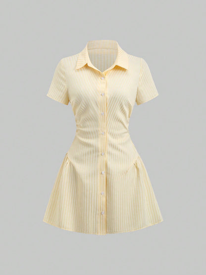 Sweetra Sweet & Fresh Pink Short Sleeve Shirt Dress, Waist Cinched Slimming Stylish Blouse Dress For Summer