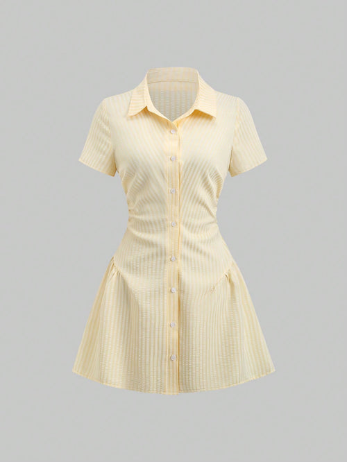 Sweetra Sweet & Fresh Pink Short Sleeve Shirt Dress, Waist Cinched Slimming Stylish Blouse Dress For Summer