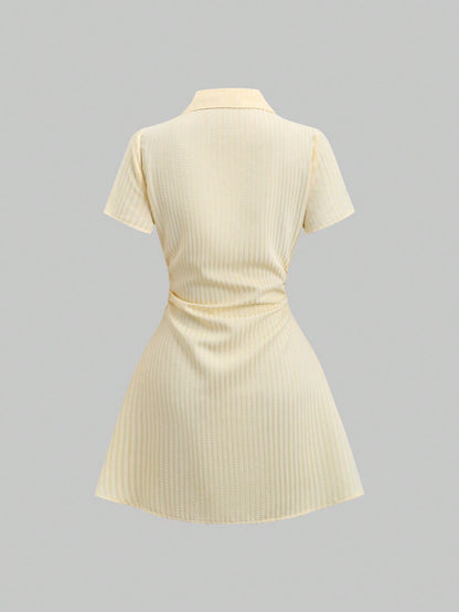 Sweetra Sweet & Fresh Pink Short Sleeve Shirt Dress, Waist Cinched Slimming Stylish Blouse Dress For Summer