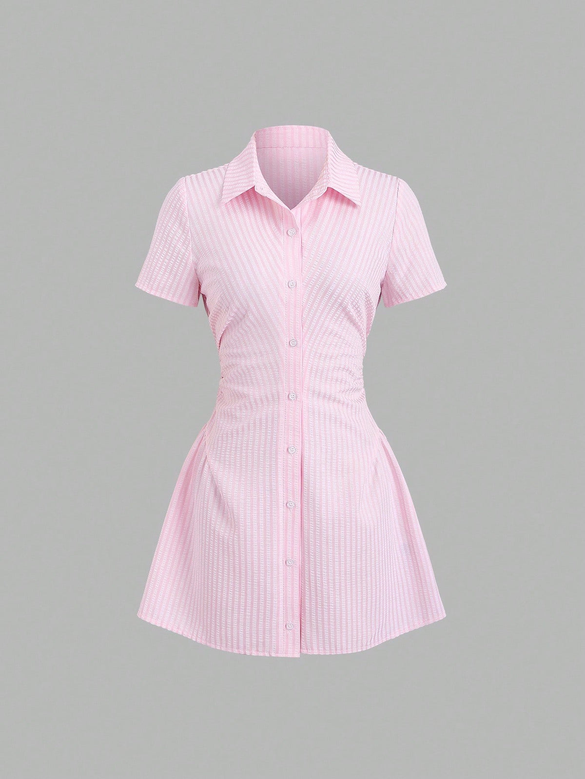 Sweetra Sweet & Fresh Pink Short Sleeve Shirt Dress, Waist Cinched Slimming Stylish Blouse Dress For Summer