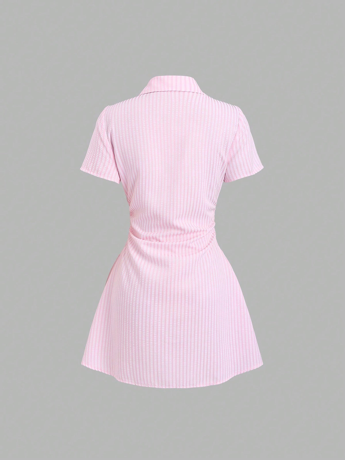 Sweetra Sweet & Fresh Pink Short Sleeve Shirt Dress, Waist Cinched Slimming Stylish Blouse Dress For Summer